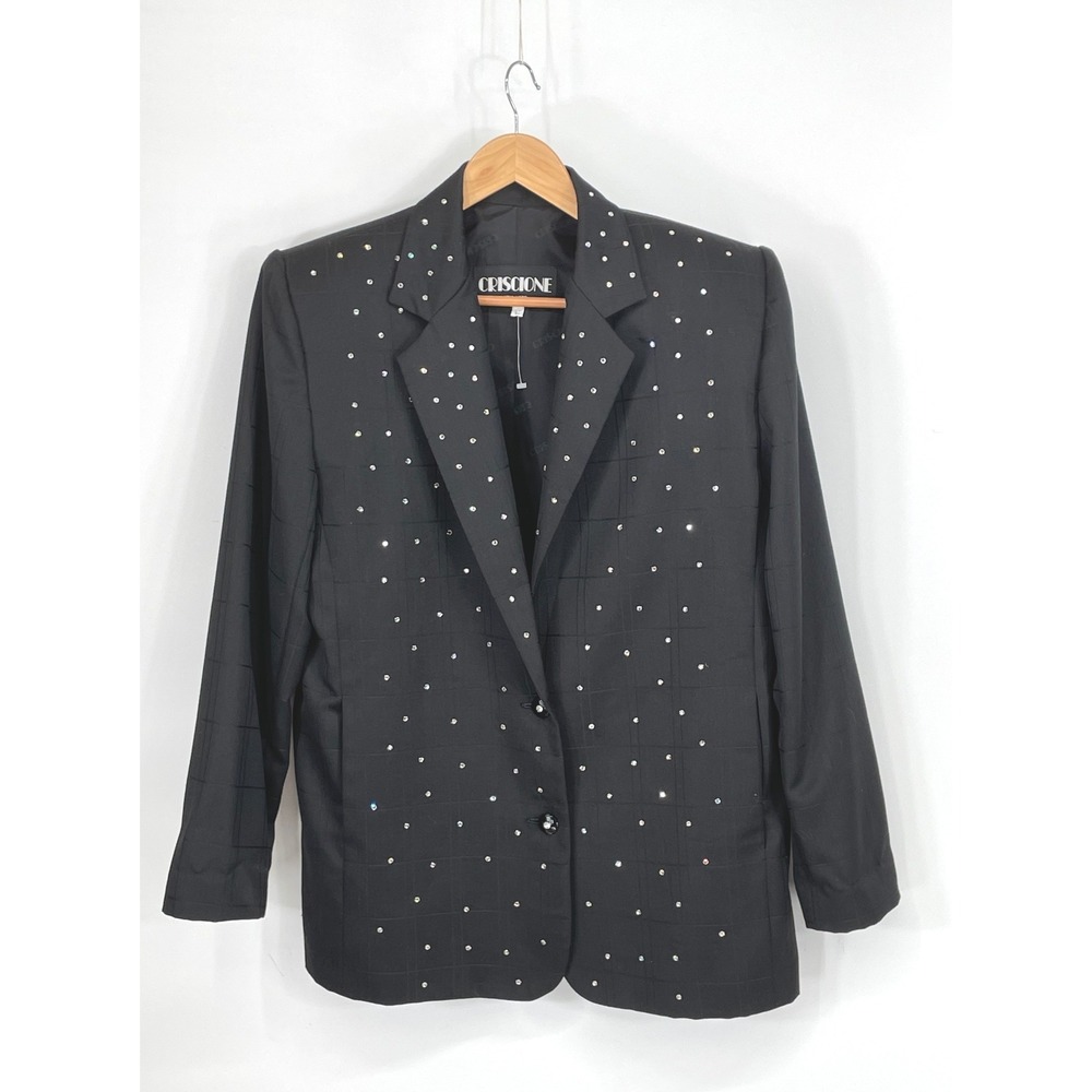 Criscione Women Blazer L Jacket Black Rhinestone Sparkle Grid Evening Dressy